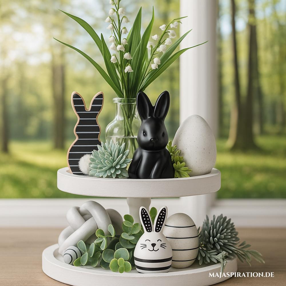Osterdeko auf Etagere in schwarz-weiß und grünen Pflanzen