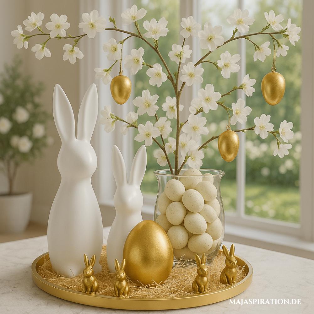 Osterdeko Tablett mit Goldakzenten und Eiern in Vase