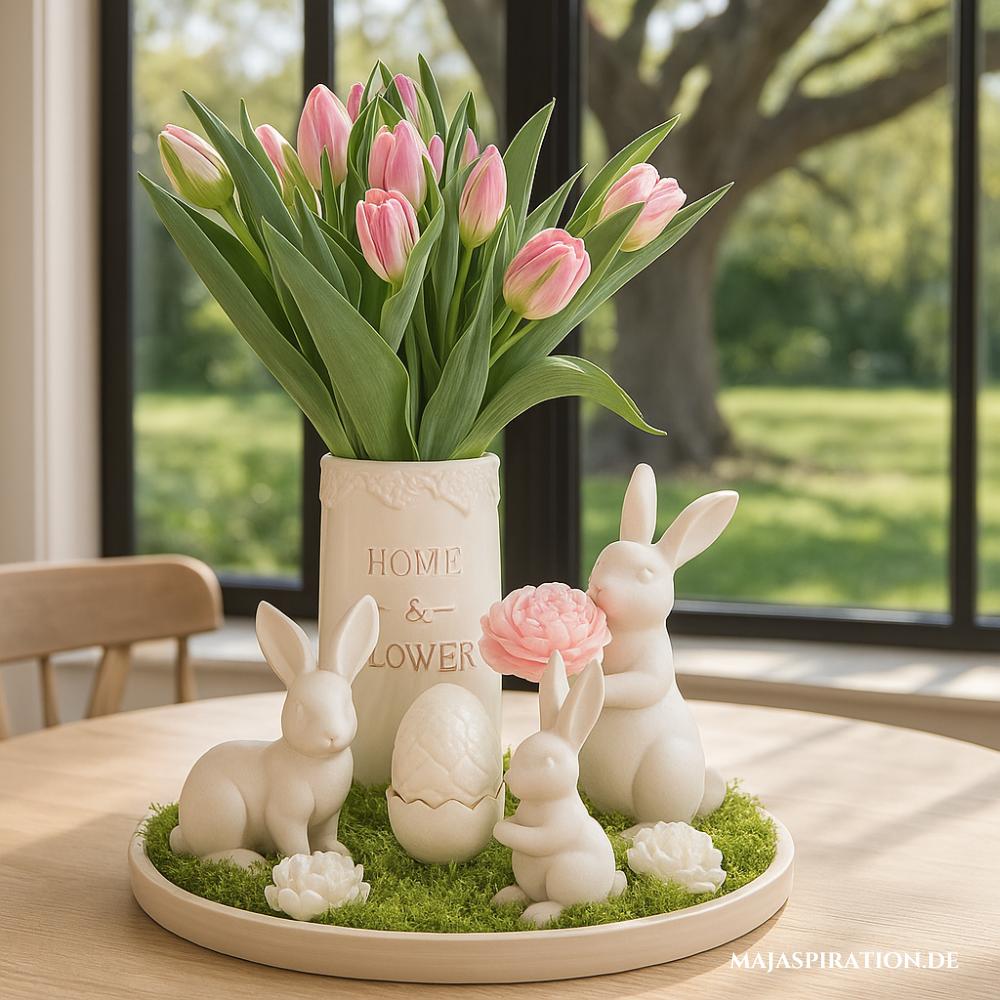 Osterdeko Tablett Idee mit Moos und weißen Hasen