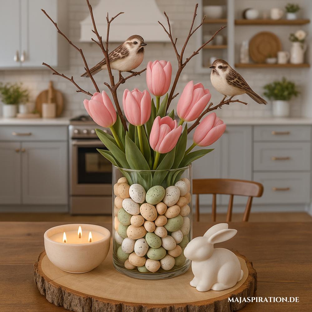 Romantische Osterdeko auf Tablett mit Steinen in Tulpenvase mit kleinen Vögeln und Duftkerze