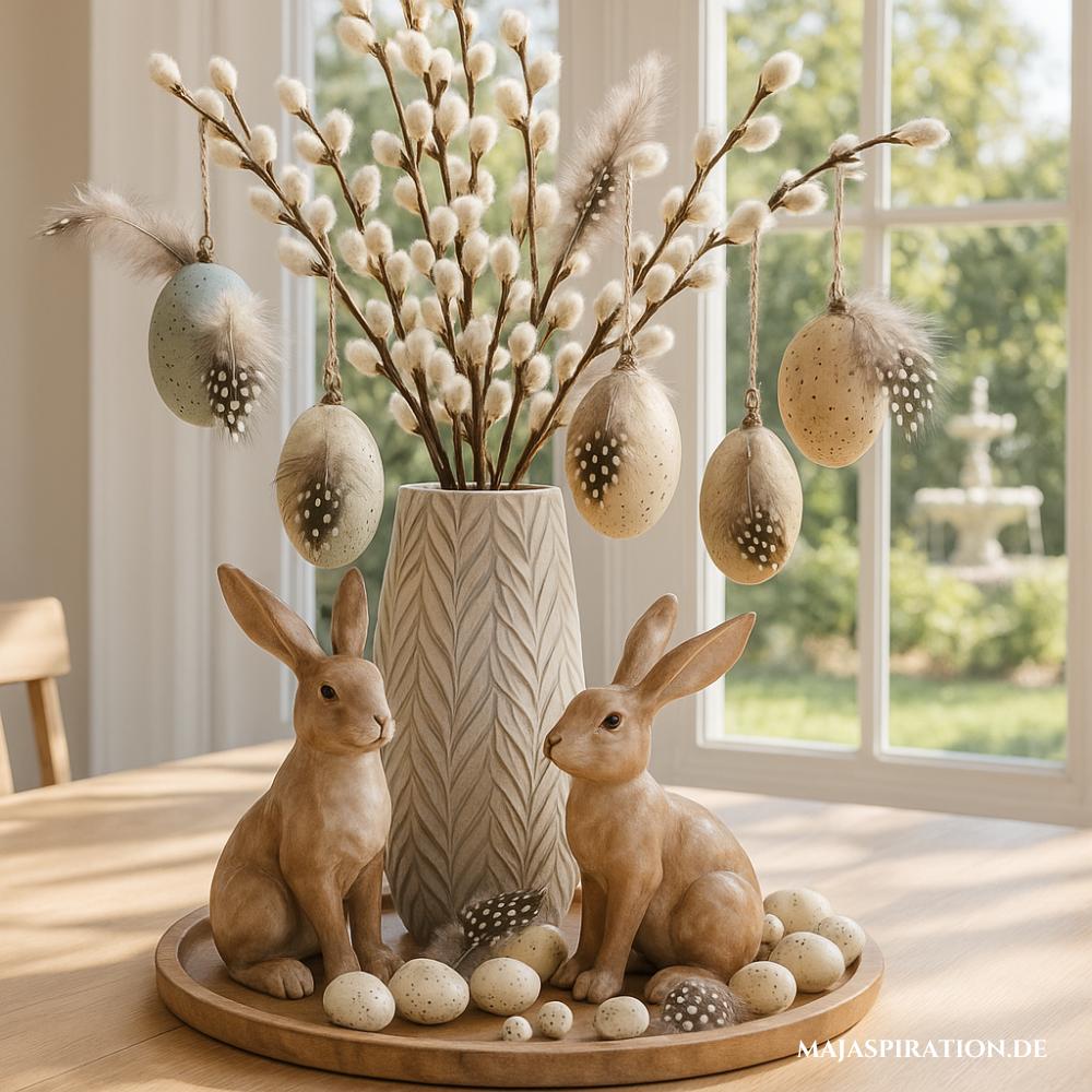 Natürliche Osterdeko auf Tablett in gedeckten Braun- und Grautönen mit Eiern mit Federn