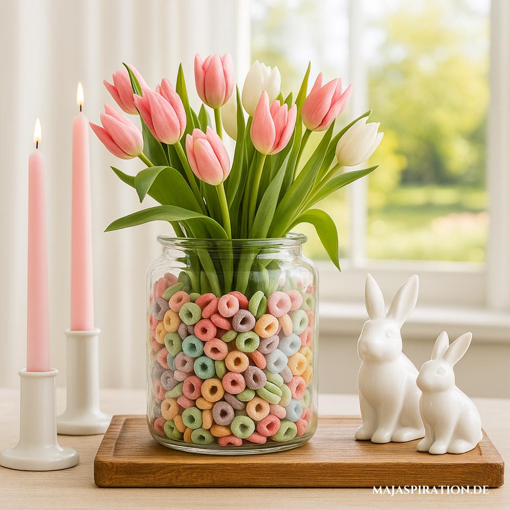 Originelle Osterdeko mit Vase gefüllt mit buntem Cereal