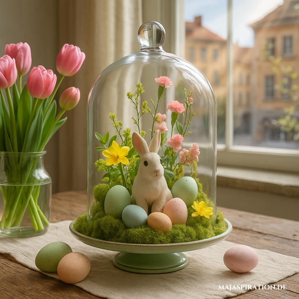 Osterdeko Idee mit kleinem Hasen und Eiern unter Glasglocke