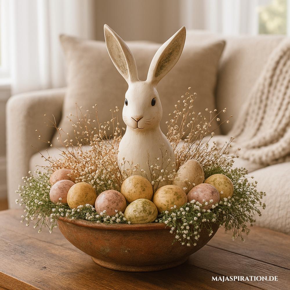 Rustikale Osterdeko in antiker Schale mit Gräsern, Deko-Eiern und Hase