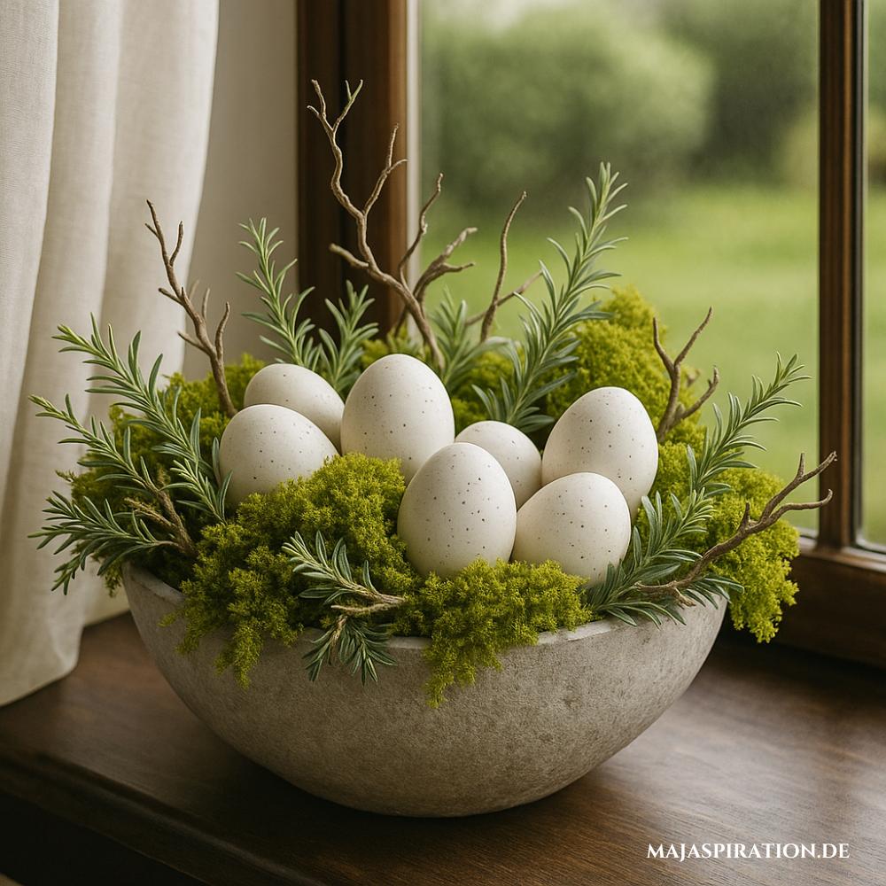 Natürliche Osterschale mit Ästen und Eiern