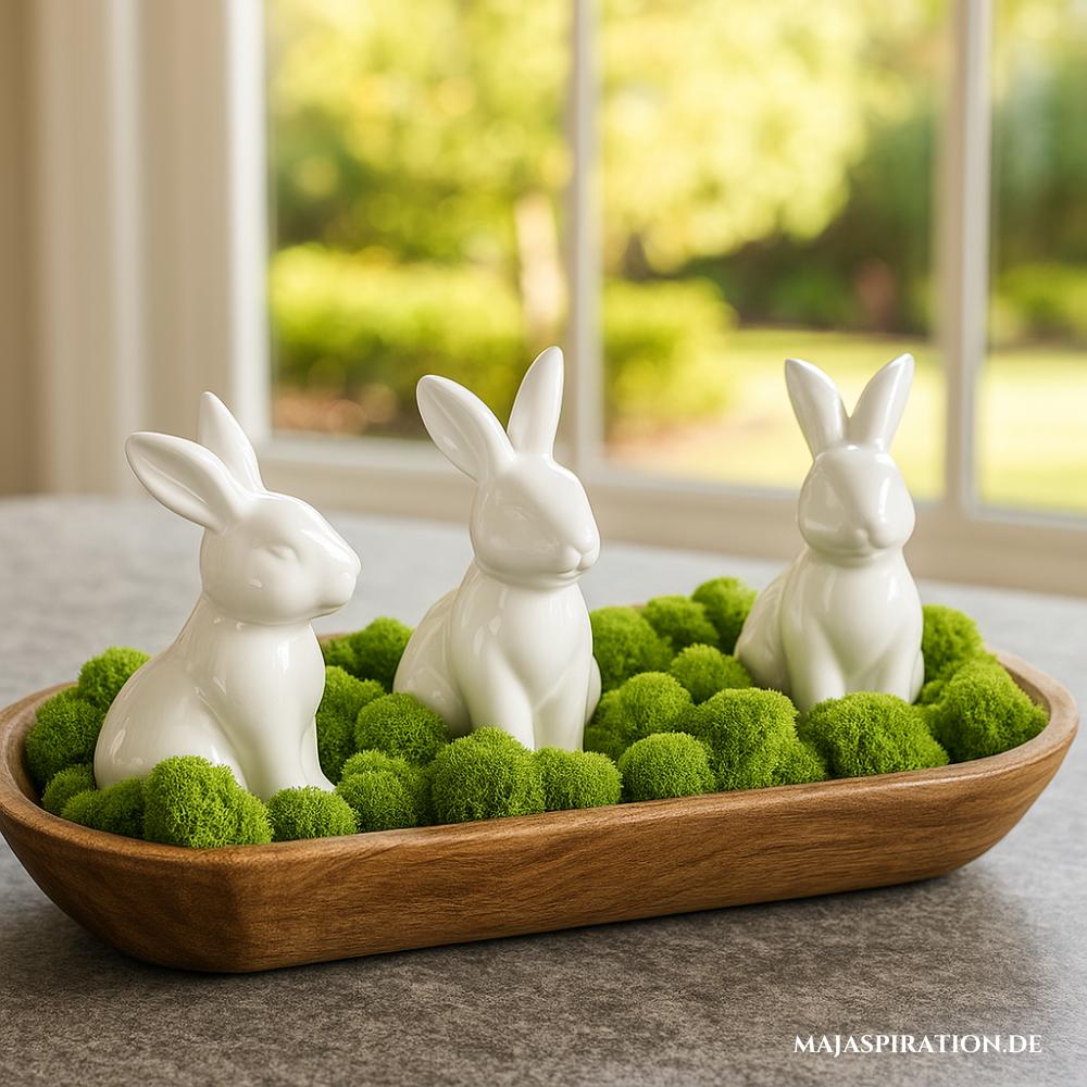 Längliches Holztablett mit Moos und weißen Deko Hasen