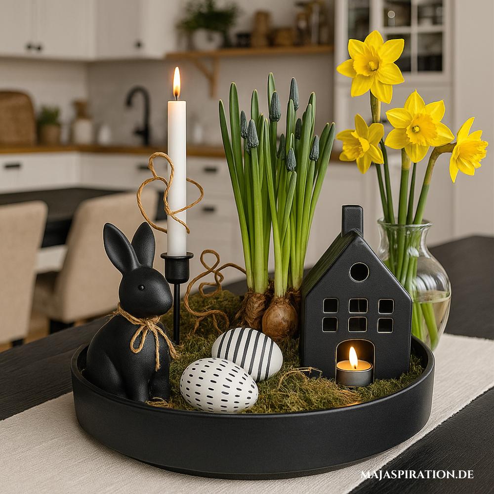 Stilvolles Ostertablett in Schwarz mit gelben Narzissen und schwarzem Häuschen
