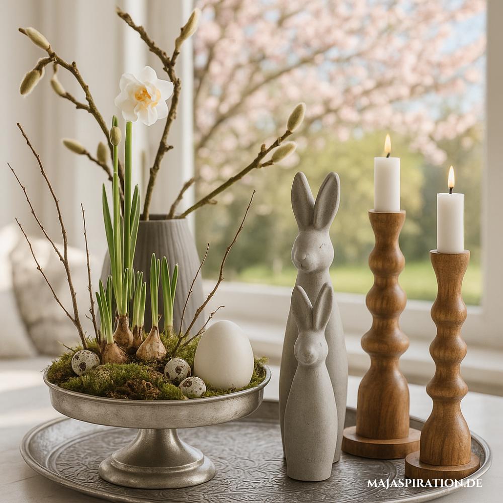 Minimalistisches Dekotablett für Ostern mit Holz Kerzenstänern, silberner Tortenplatte und Deko Hasen