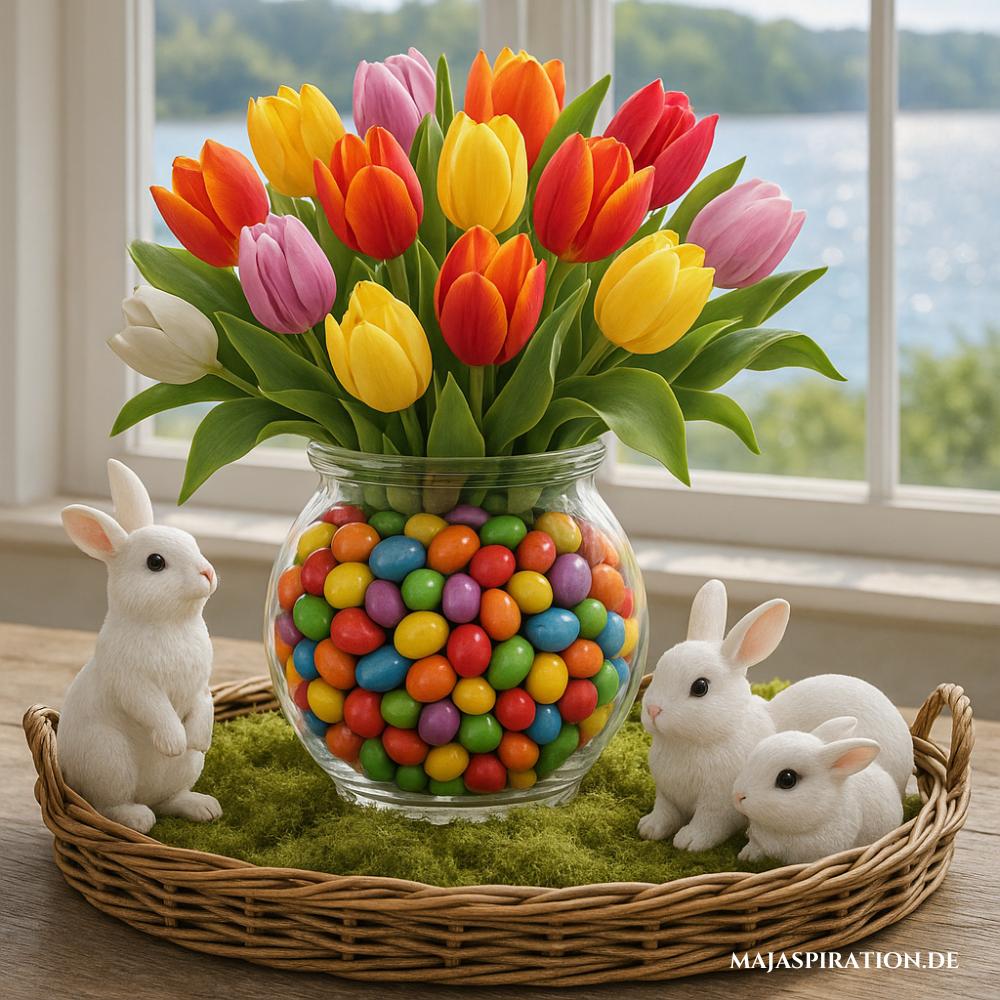 Bunte Osterdeko mit bunten Bonbons in Glasvase mit Tulpen im Korb