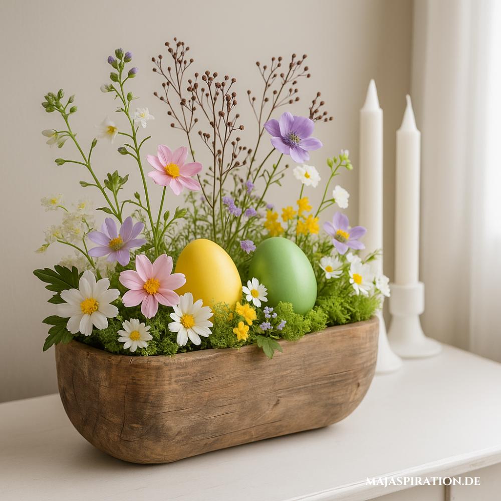 Frühlingshafte Osterdeko in hoher Holzschale gefüllt mit Blumen und Gräsern und zwei bunten Eiern