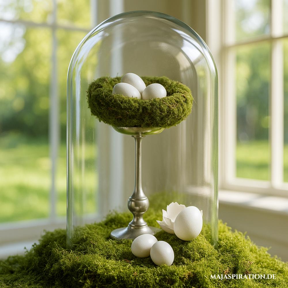 Außergewöhnliche Osterdeko unter Glashaube mit Moos und Vogelnest auf Kerzenständer