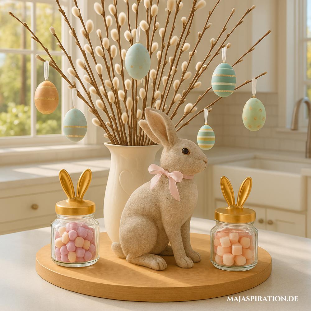 Osterdeko Tablett mit kleinen Gefäßen mit Hasenohren und Pastell eiern and Weidekätzchen Zweigen