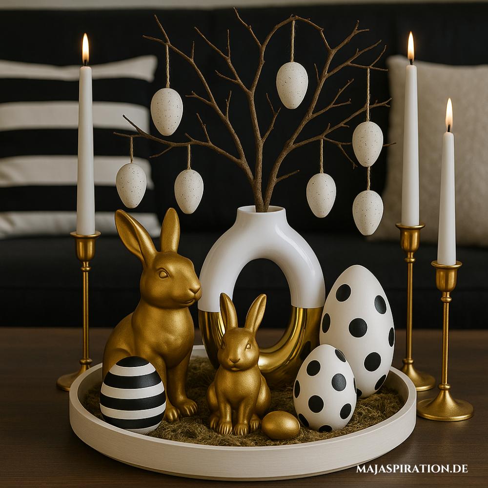 Moderne Osterdeko in schwarz-weiß mit Goldhasen