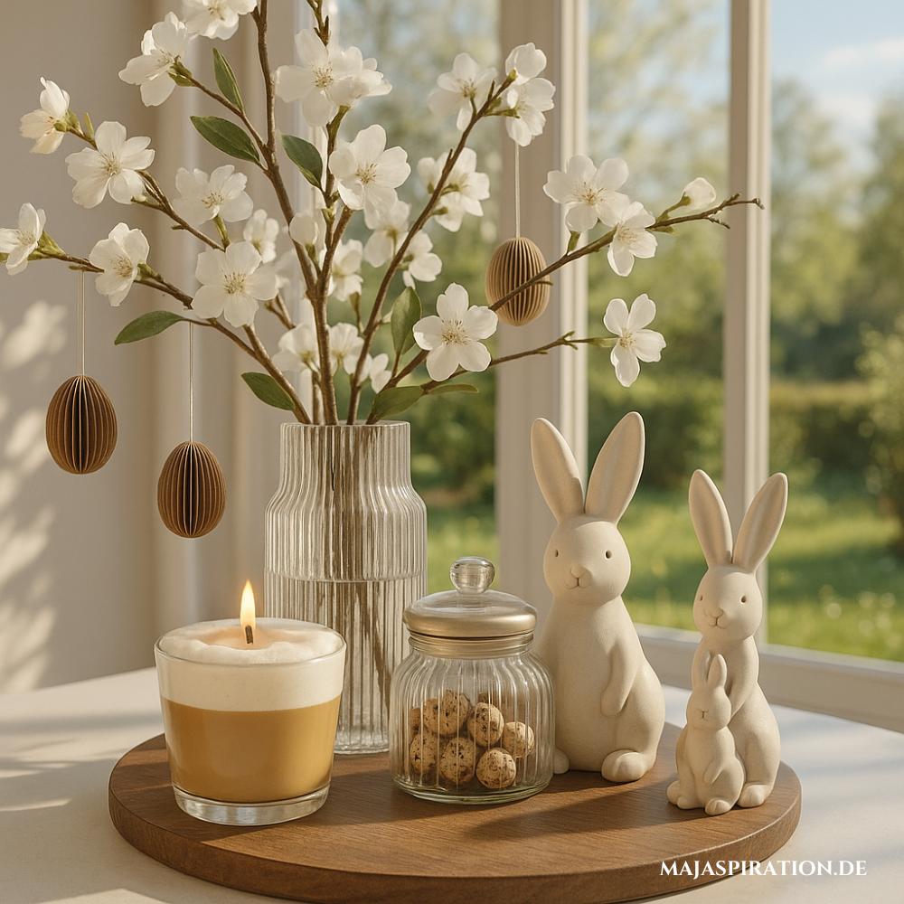 Süßes Osterdeko-Tablett mit Kaffee-Kerze, weißen Blüten und Deko Hasen