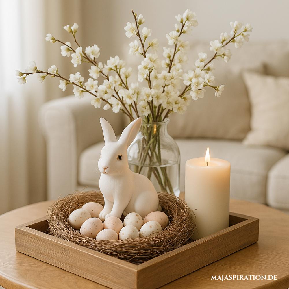 Skandinavische Osterdeko mit Tablett und kleinem Vogelnest mit Hasen