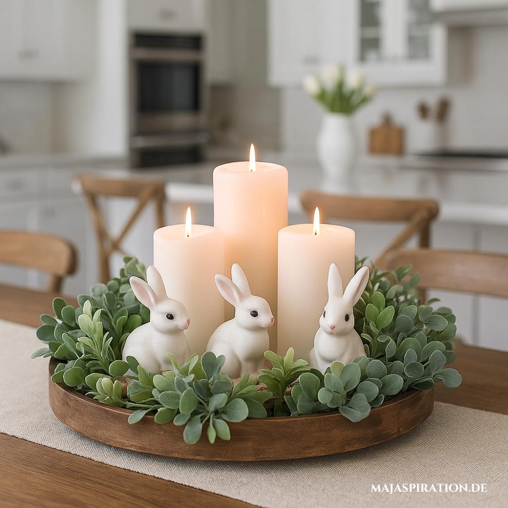 Kleines Osternest Tablett mit Zweigen, Kerzen und Hasen