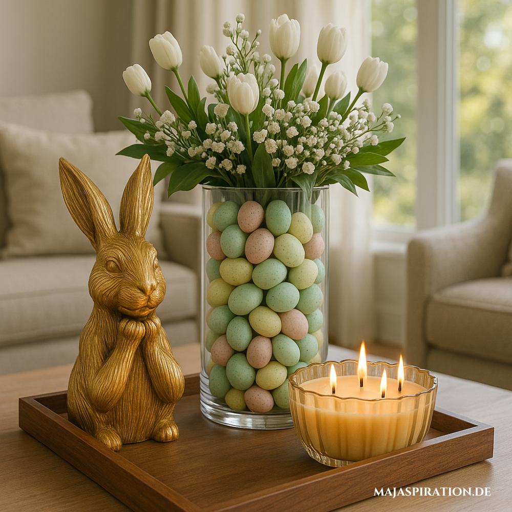 Dekotablett mit goldenem Hasen, großer Duftkerzenschale und Vase mit bunten Eiern