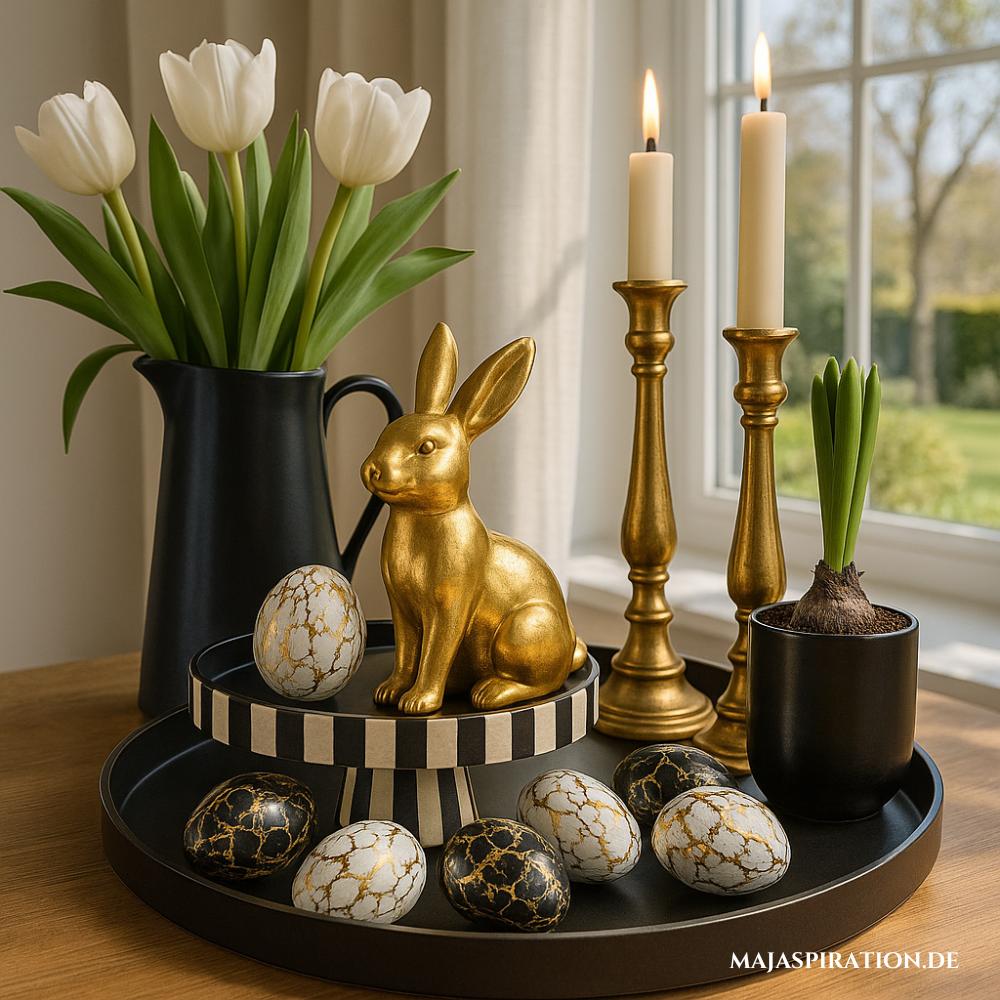 Gold-schwarzes Dekotablett für Ostern mit goldenem Hasen, Tortenständer und Kerzen