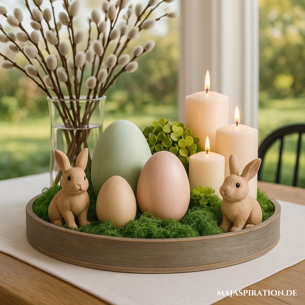 Niedliches Ostertablett als Deko Idee mit Moos, Eiern und Kerzen