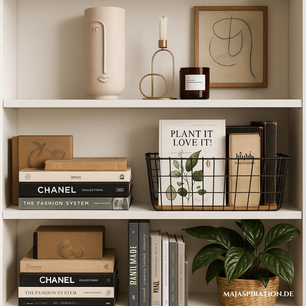 Ästhetisches Bücherregal mit Korb und exzentrischem Kerzenständer