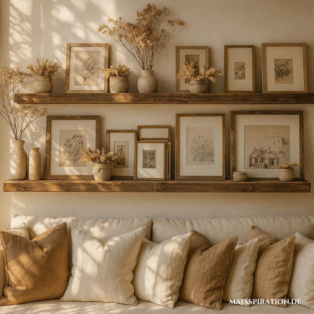 Regal Deko im rustikalen Wabi Sabi Look mit Holzrahmen und Trockenblumen