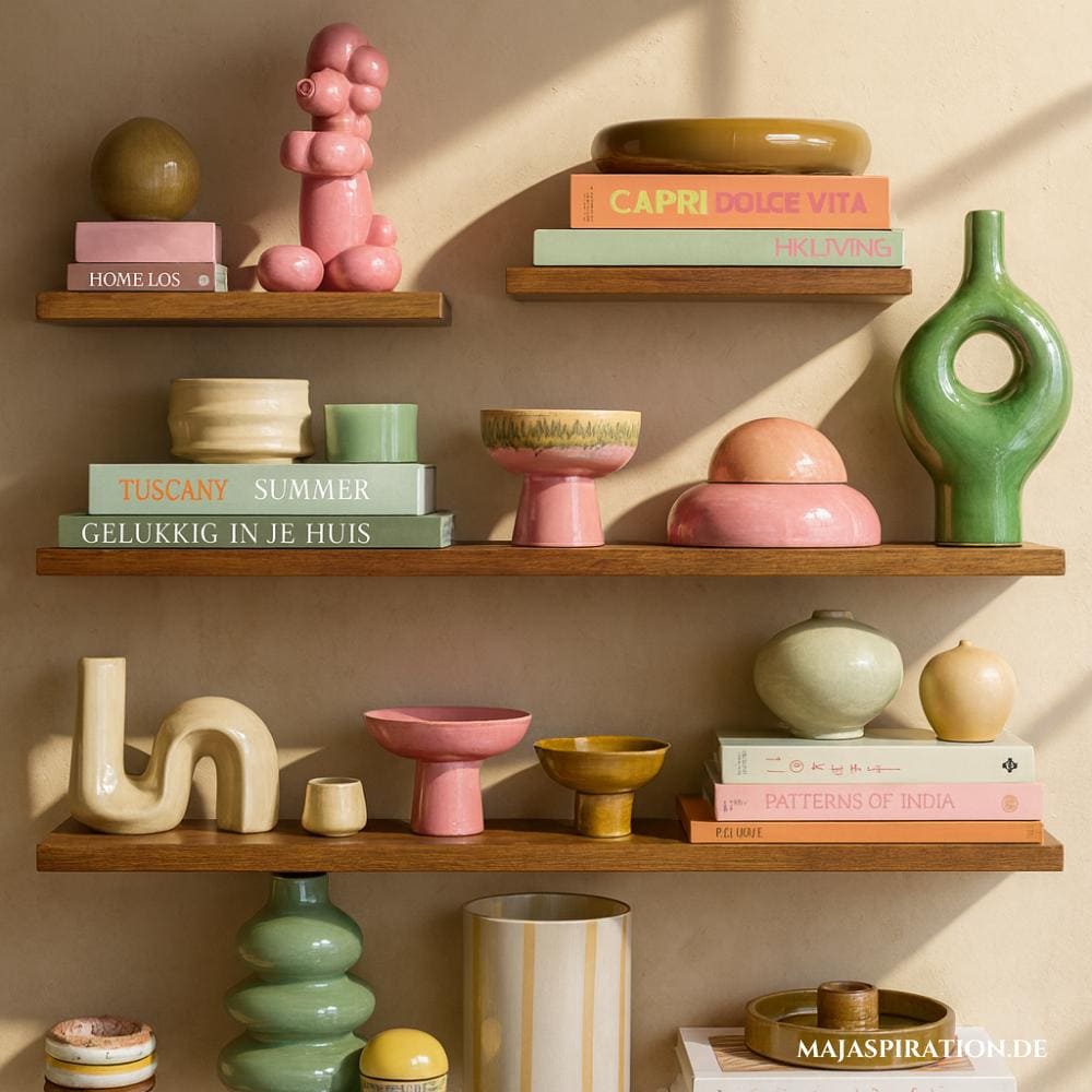 Moderne Ekletik und Mid-Century Revival als Deko Idee für Schweberegal mit Pastell-Keramik in Rosa und Grün