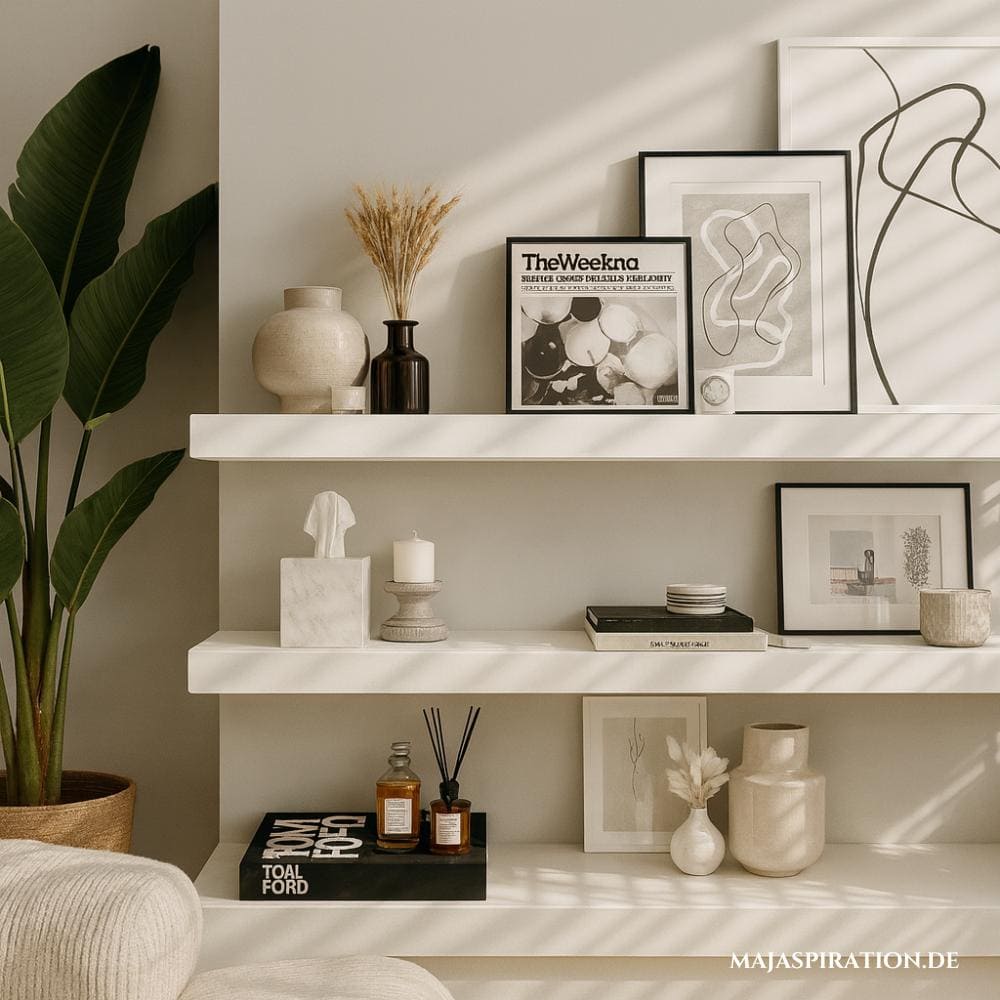 Modernes minimalistisches Wandregal mit schlichter aber ästhetischer Deko