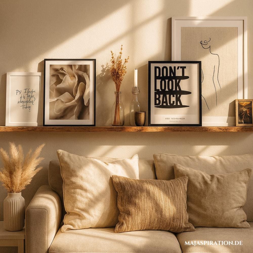 Einzelnes Schweberegal als Bildergalerie über Sofa in warmen Erdtönen