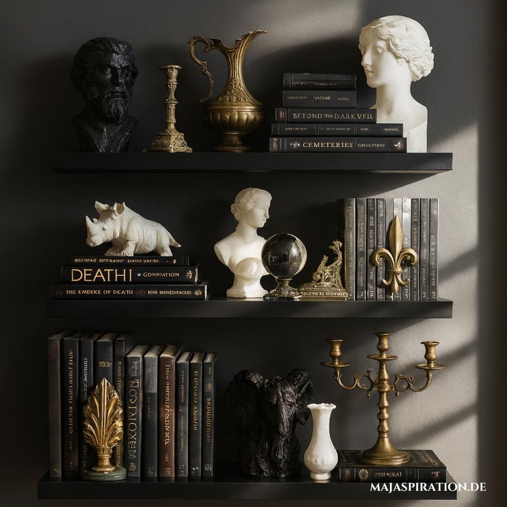 Regal ausgefallen dekorieren im Dark Academia Look mit dunklen Tönen und weißen Skulpturen