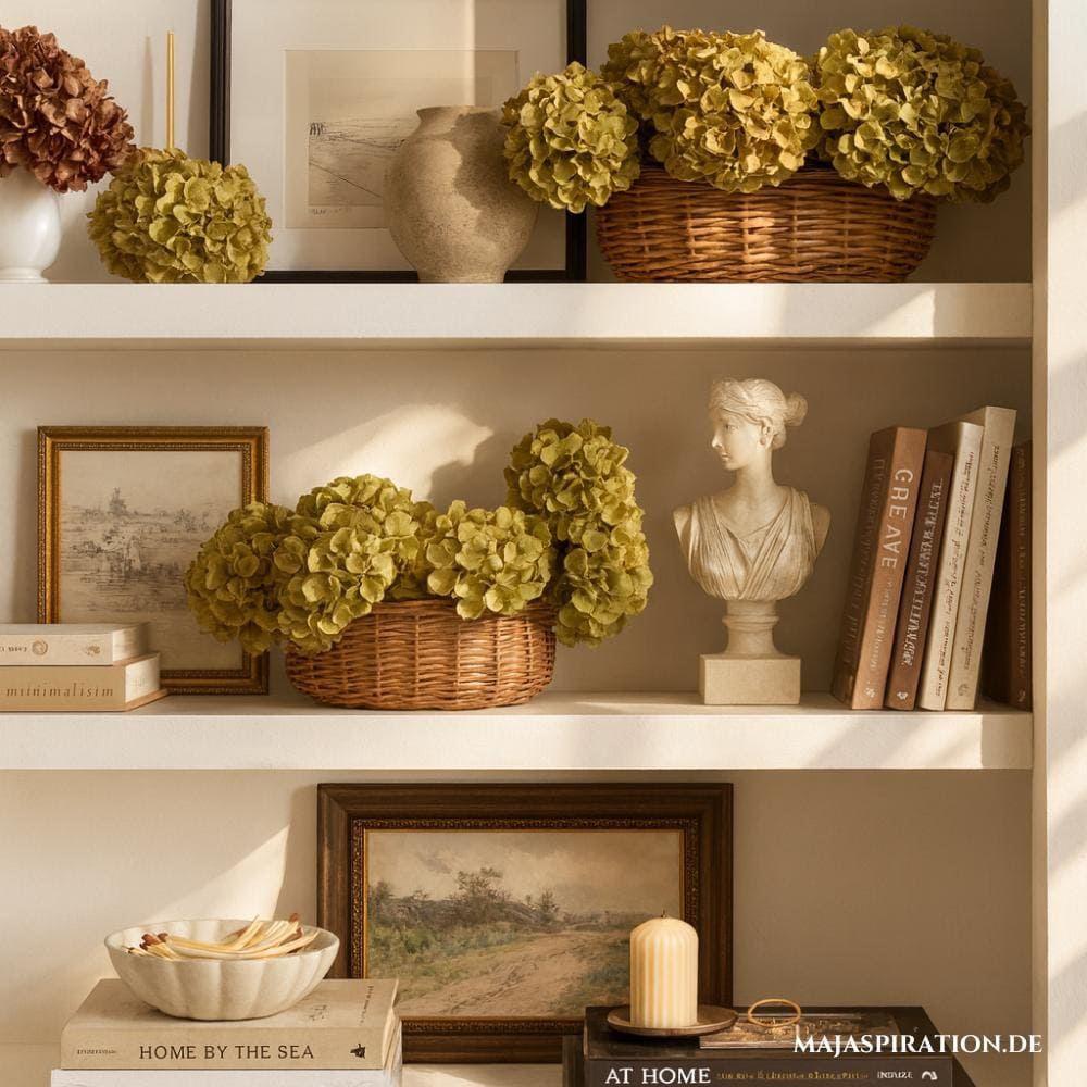 Mediterrane Landhaus Vibes als frische Idee Regale zu dekorieren mit Hortensien und Skulpturen