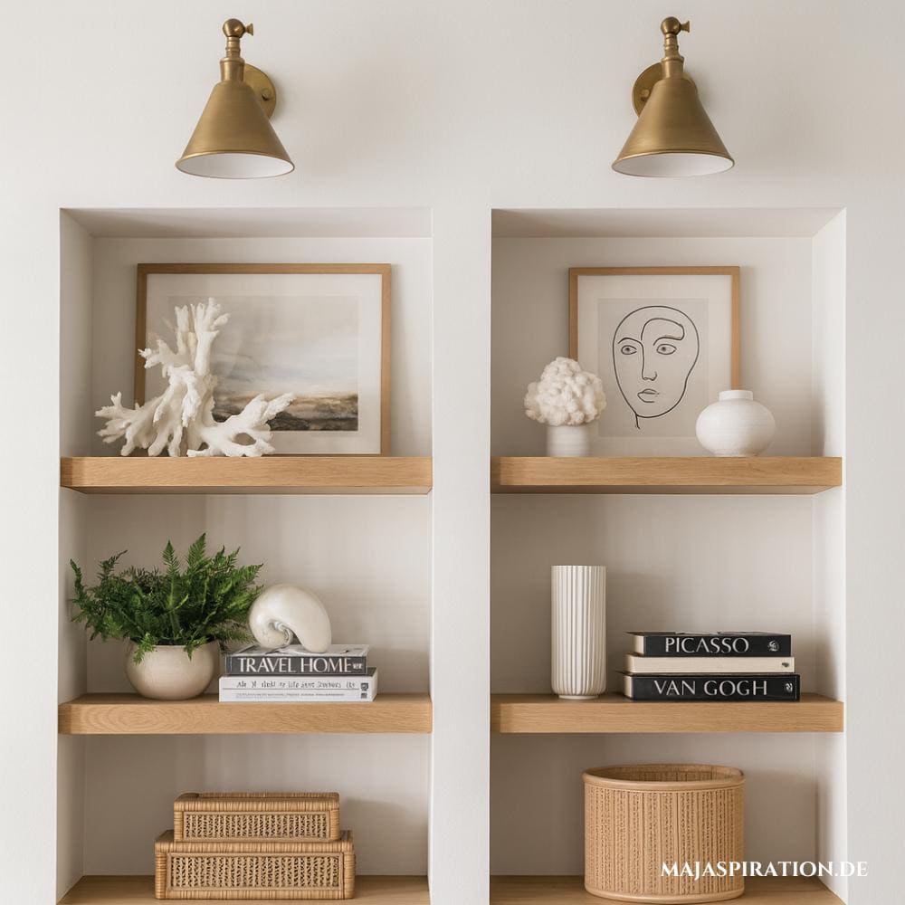 Minimalistisch dekorierte Einbauregale mit Wandlampen darüber