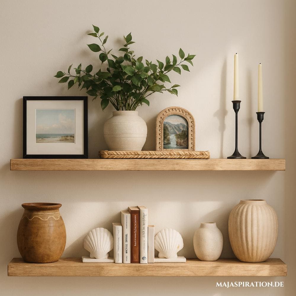 Zwei Schweberegale mit minimalistischer, skandinavischer Deko und Buchstützen in Muschelform