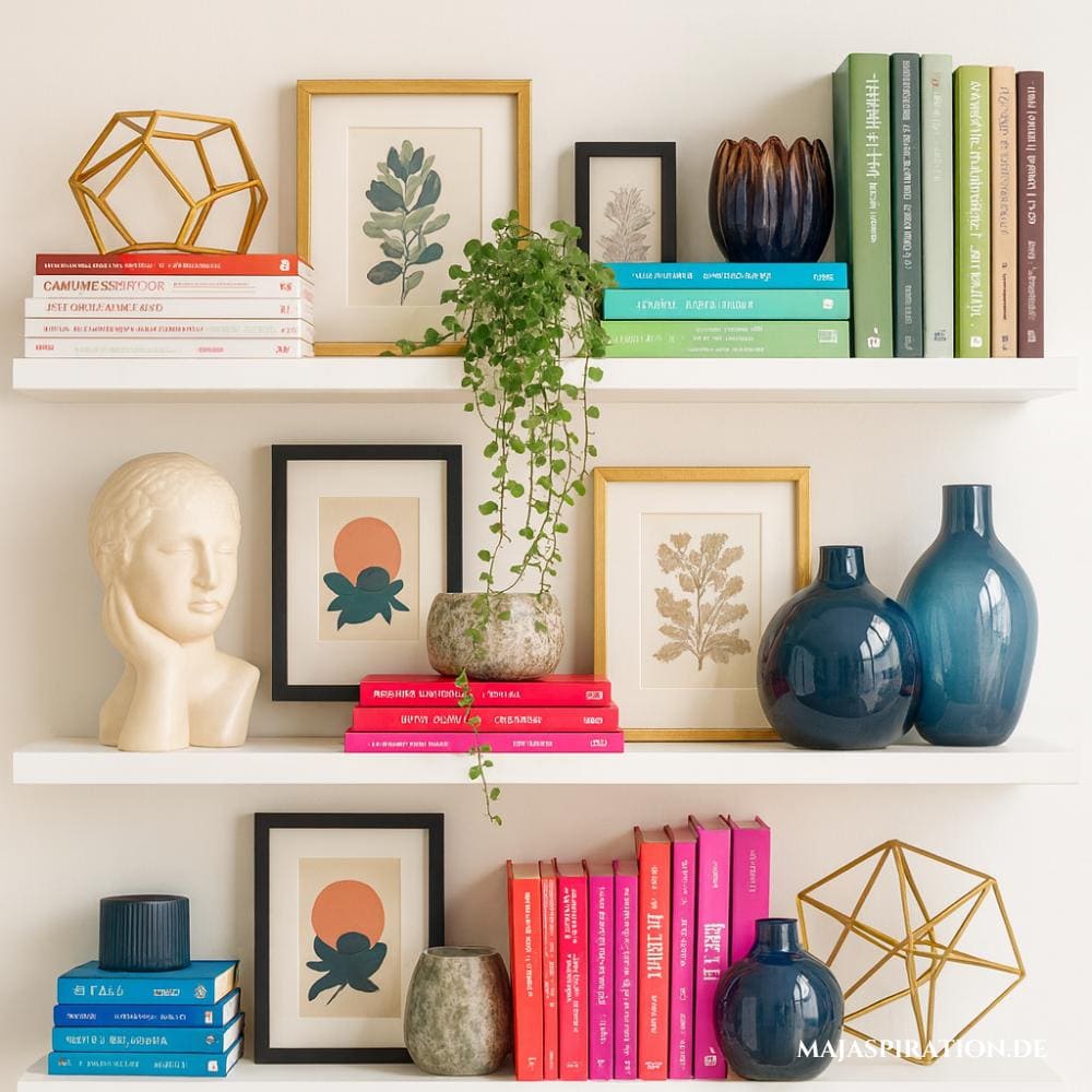 Wandregal mit bunten Büchern und blauen Vasen dekoriert