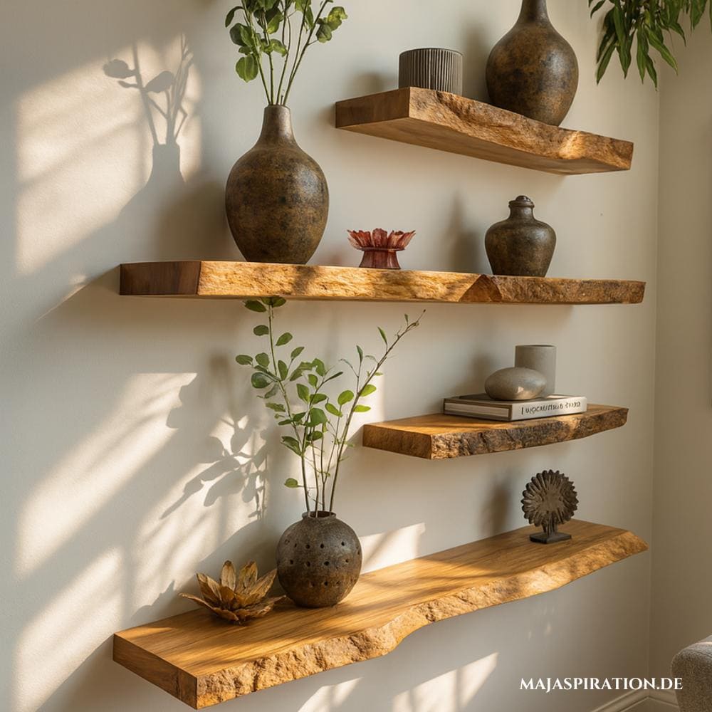 Schweberegale aus Holz mit dunkler Keramik