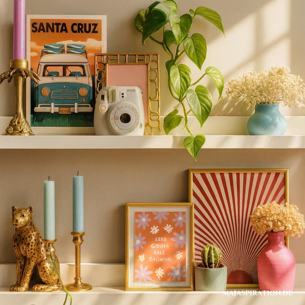 Regal dekorieren im California Coastal Cool Look mit bunten Farben, Retro Prints und Goldakzenten