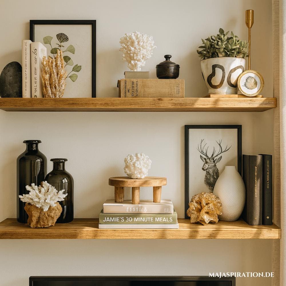 Contemporary Natural Interior Design Wandregal mit warmen Farben und dunkeln Akzenten