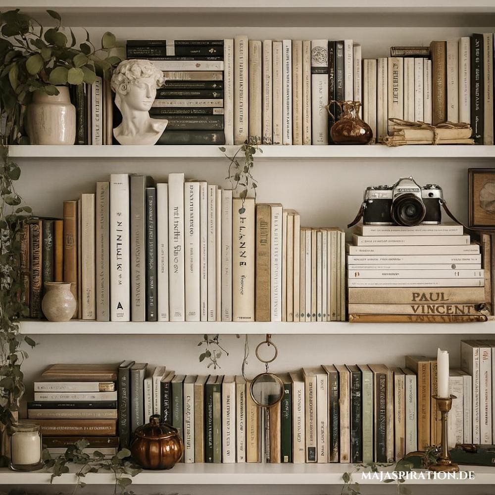 Bücherregal mit kleinen Deko Elementen dekoriert