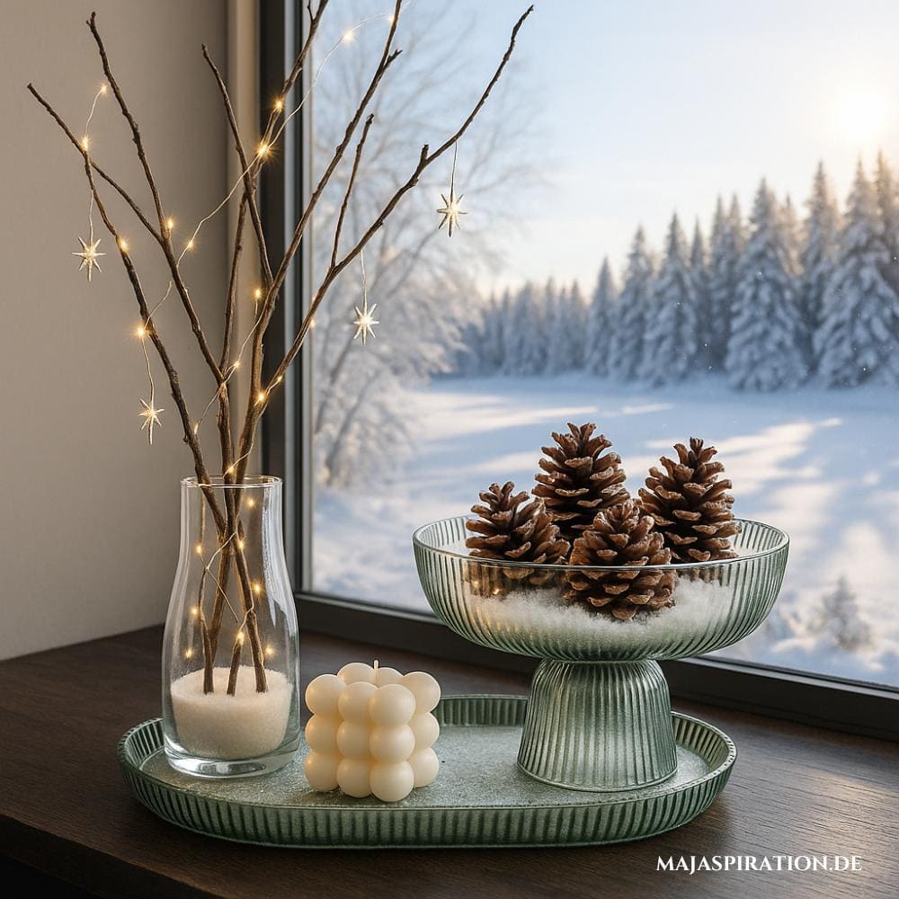 Sanfte Winterdeko mit grüner Schale, Lichterzweigen und Bubble Kerze
