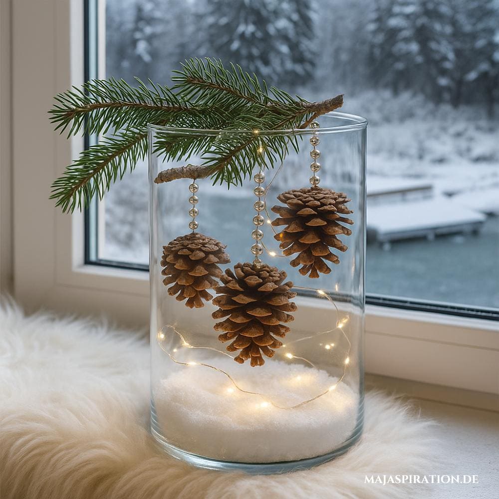 Einfache Winterdeko mit Glasvase und Zapfen, die an einem Zweig hängen