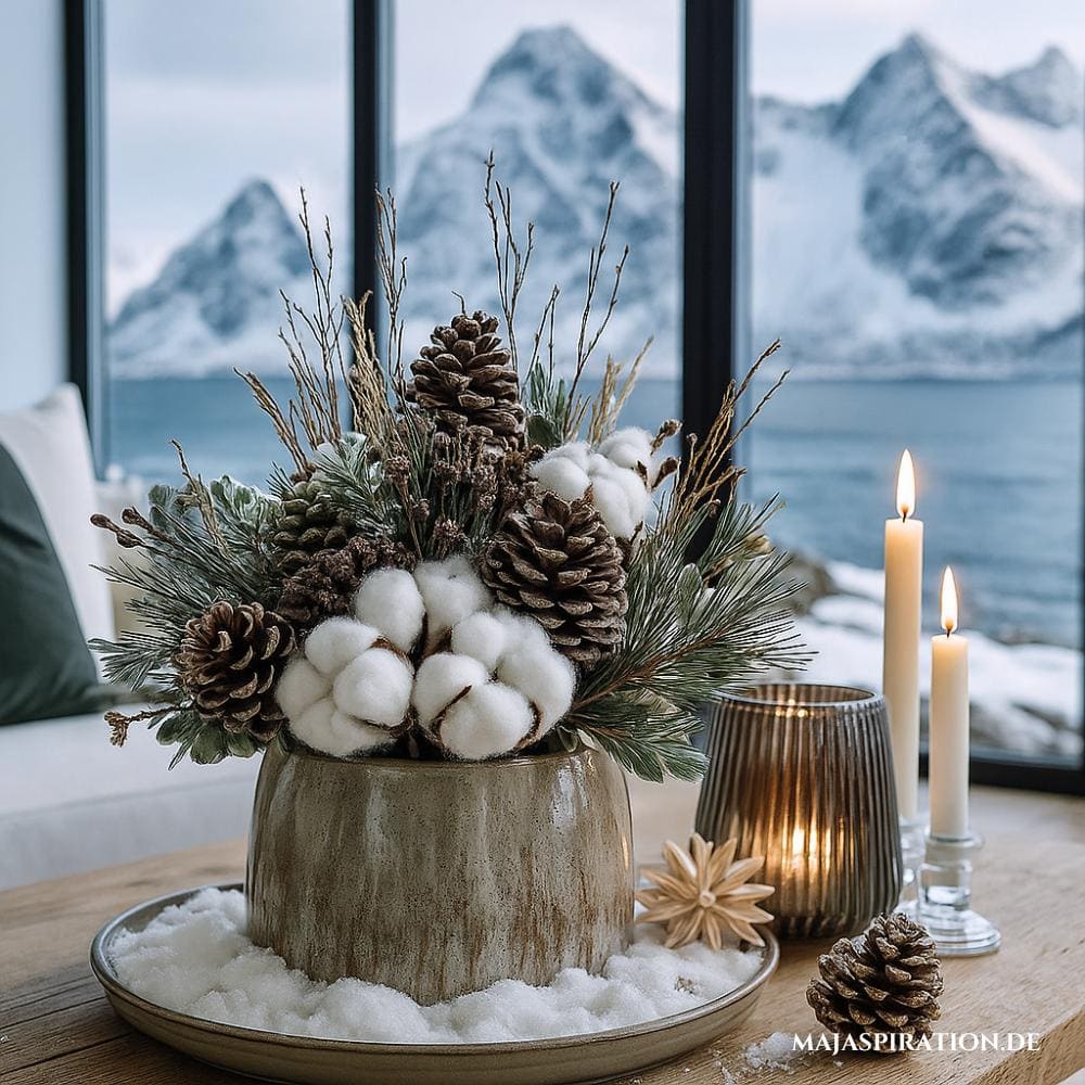 Winterdeko Tablett mit Blumentopf im Schnee