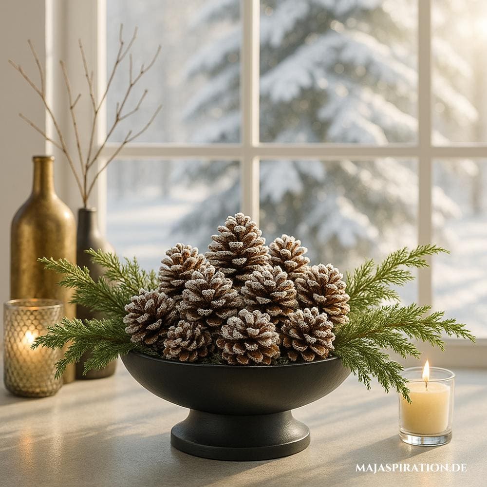 Einfache Winterdeko mit Zapfen und Zweigen in großer Dekoschale mit Fuß