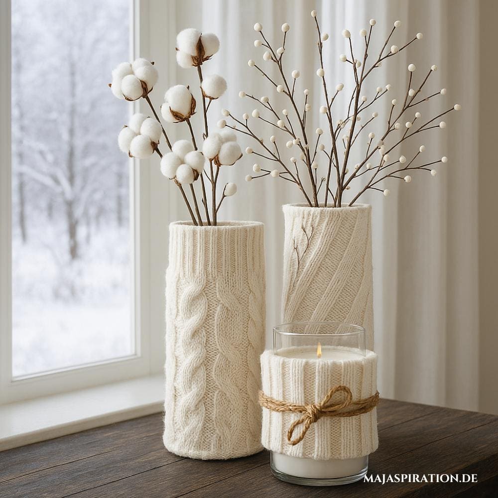Süße Winterdeko Idee mit gestrickten Überziehern für Vasen