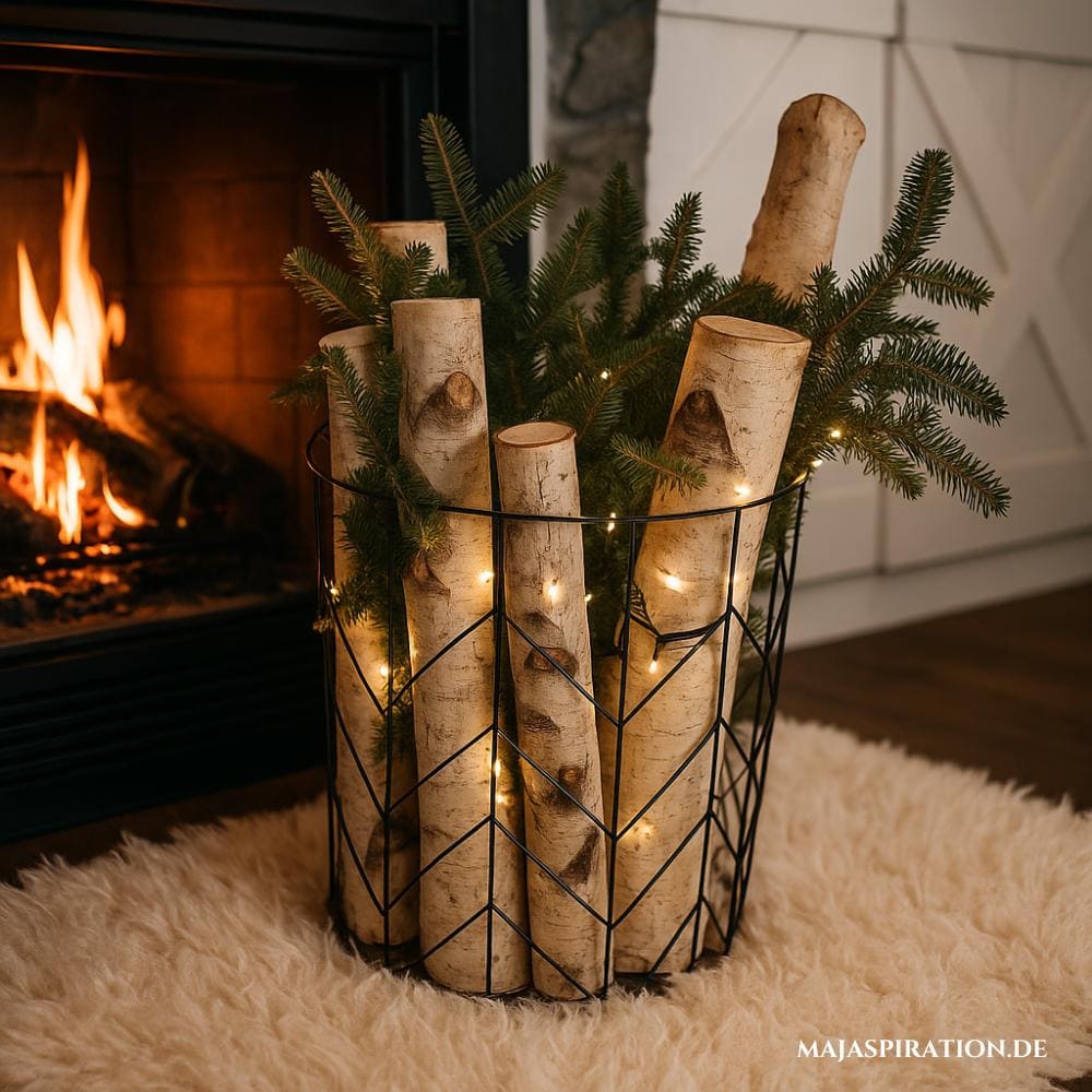 Gemütlicher Metallkorb mit Birkenstämmen, Zweigen und Lichterkette
