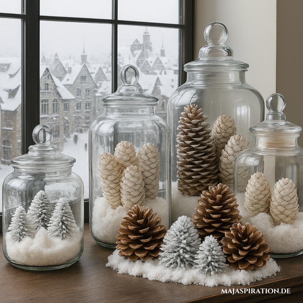 Winterdeko mit Zapfen und kleinen Tannen in schönen Vorratsgläsern