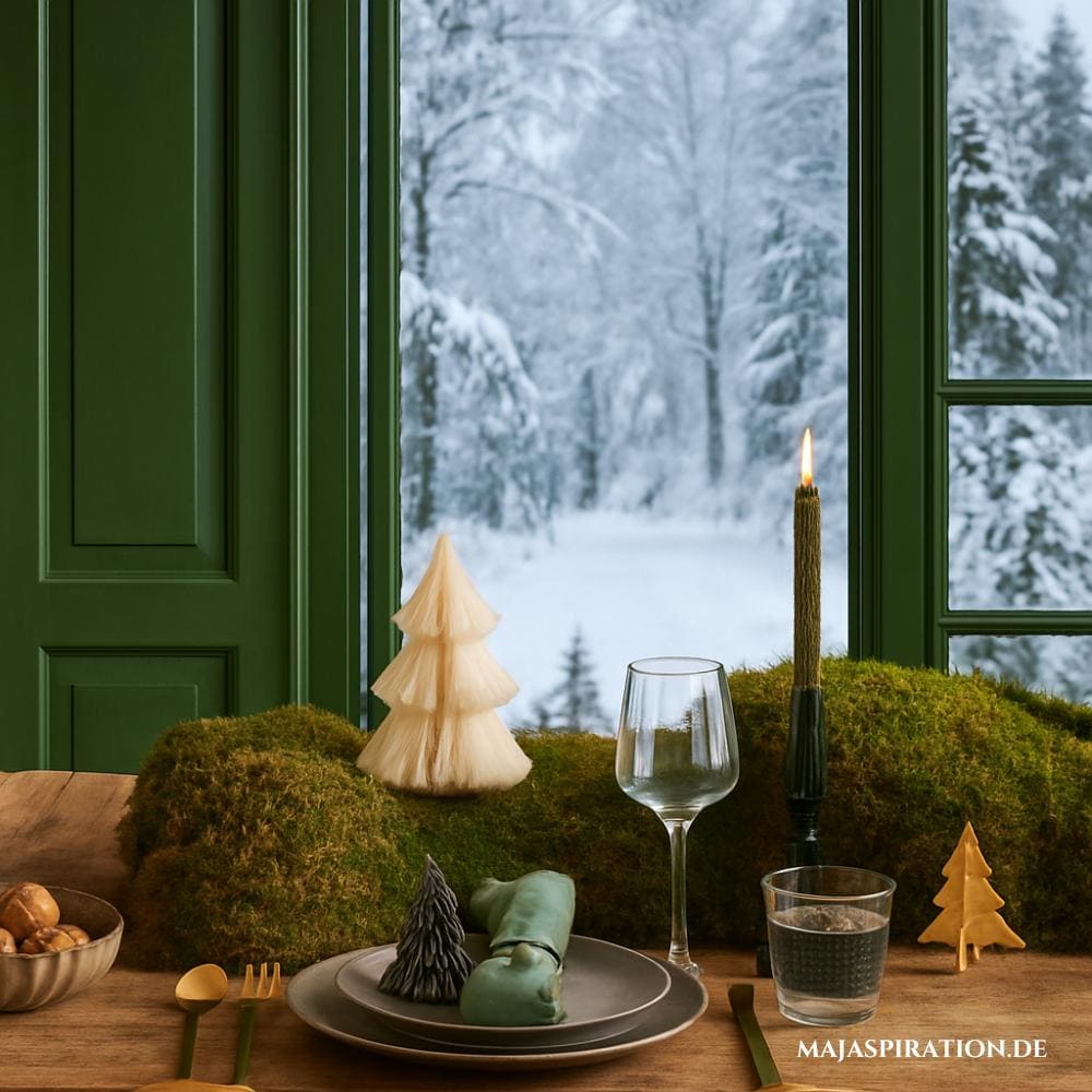 Mooslandschaft mit Papiertannen als winterliche Tischdeko