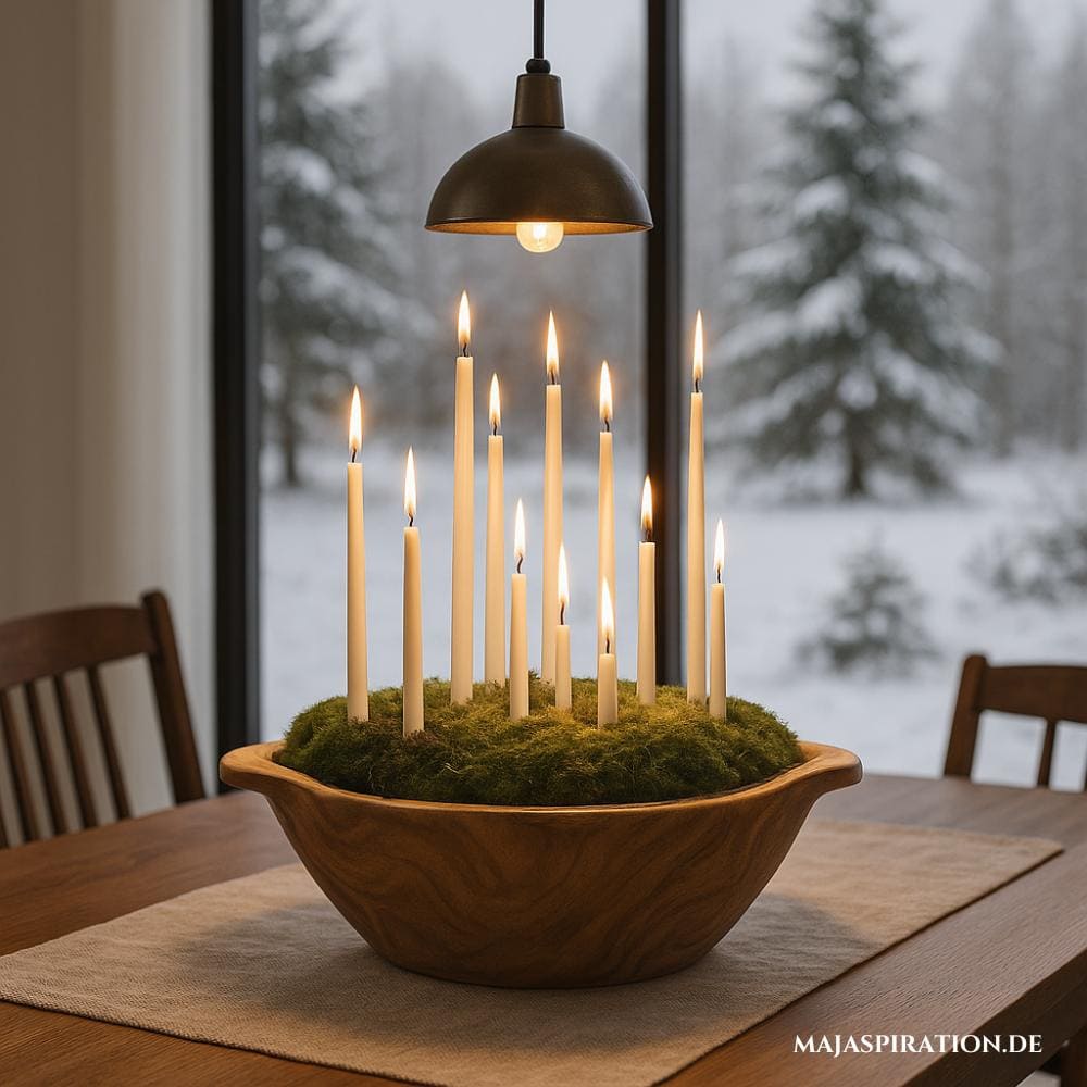 Holzschale mit Kerzen auf Mooslandschaft als Winter Deko Idee