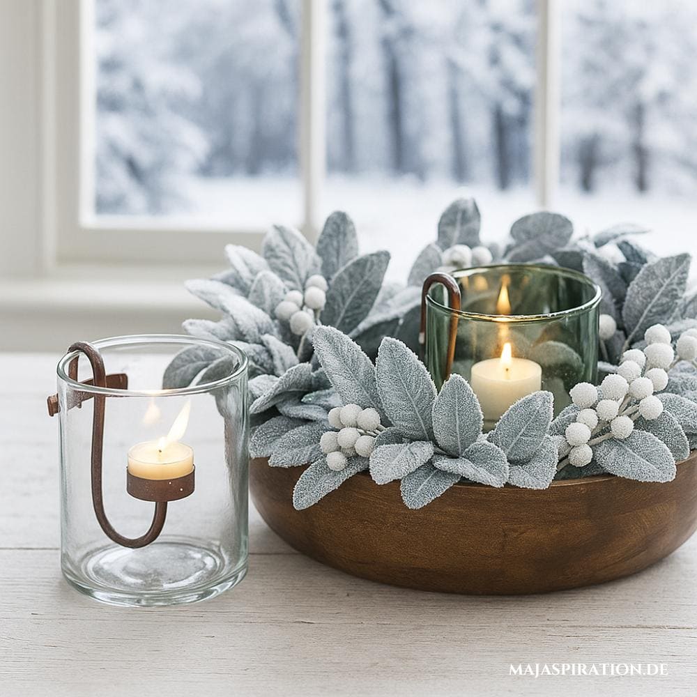 Natürliche Winterdeko mit ausgefallenen Windlichtern und eisigen Blättern