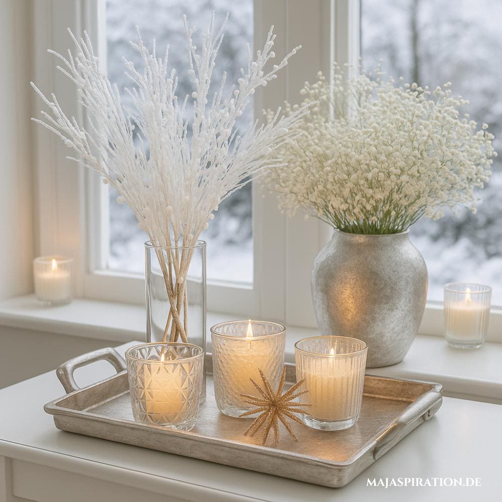 Silbernes Deko-Tablett mit Schneezweigen und Kerzen