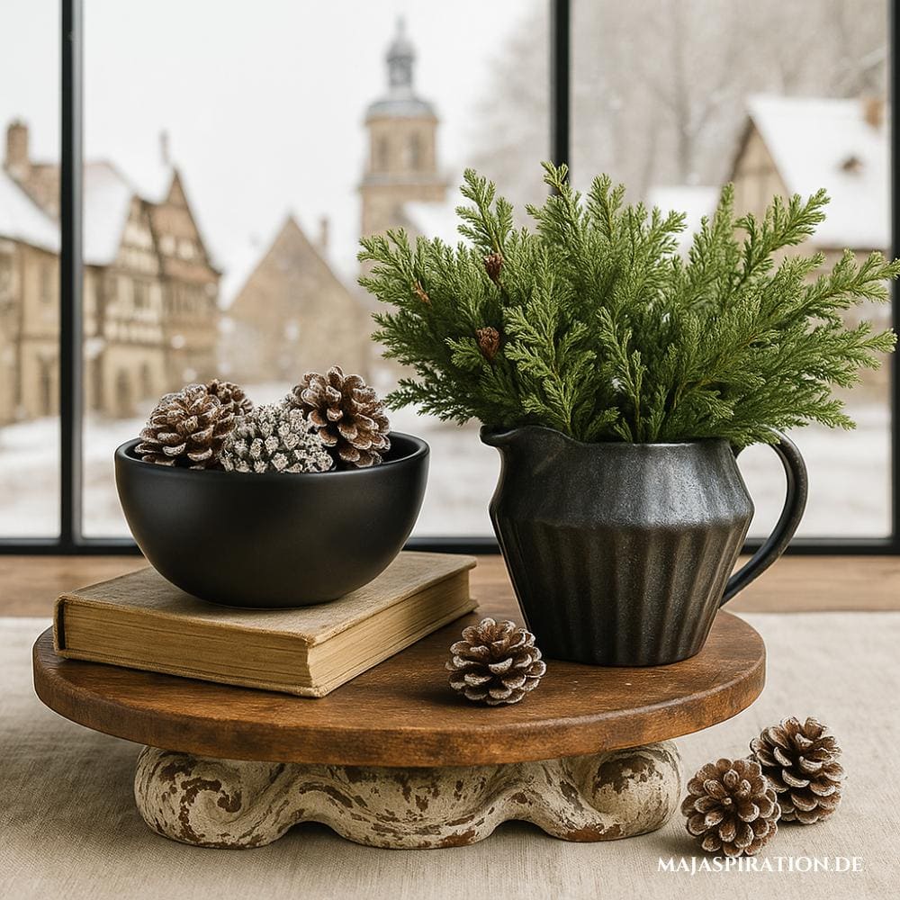 Rustikale Winterdeko auf Tortenständer mit Zapfen und Zweigen