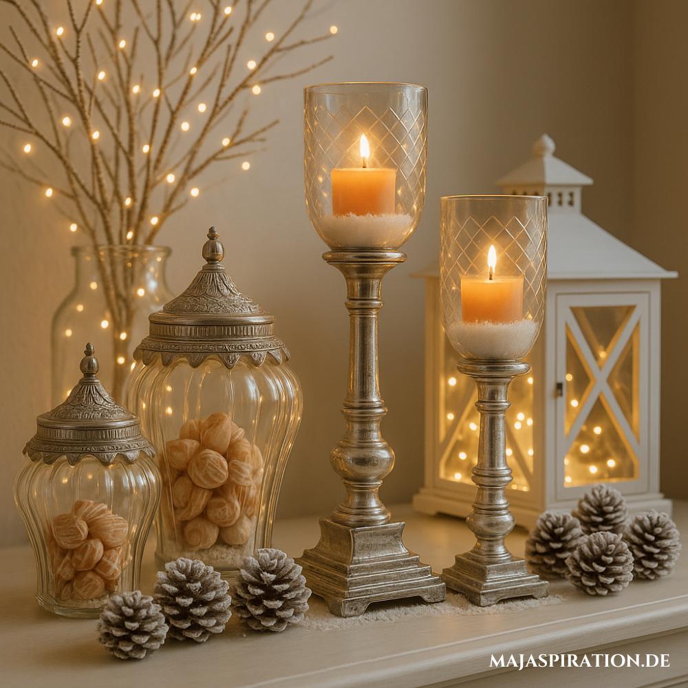 Elegante Winterdeko in Silber mit großen Kerzenständern und Deko Gläsern